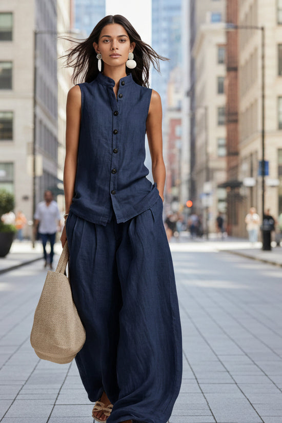 Stand-up Collar Sleeveless Shirt And High-waisted Wide-leg Pants Set 