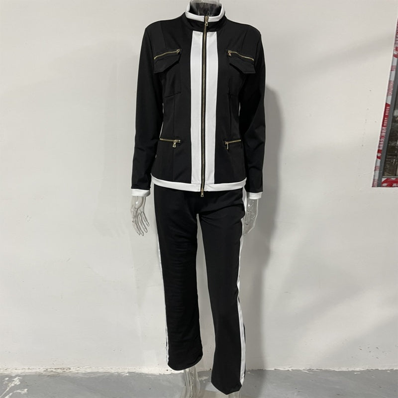 Women's Casual 2-Piece Sport Set, Color-Block Zip Jacket & Straight Leg Pants For Spring And Fall 