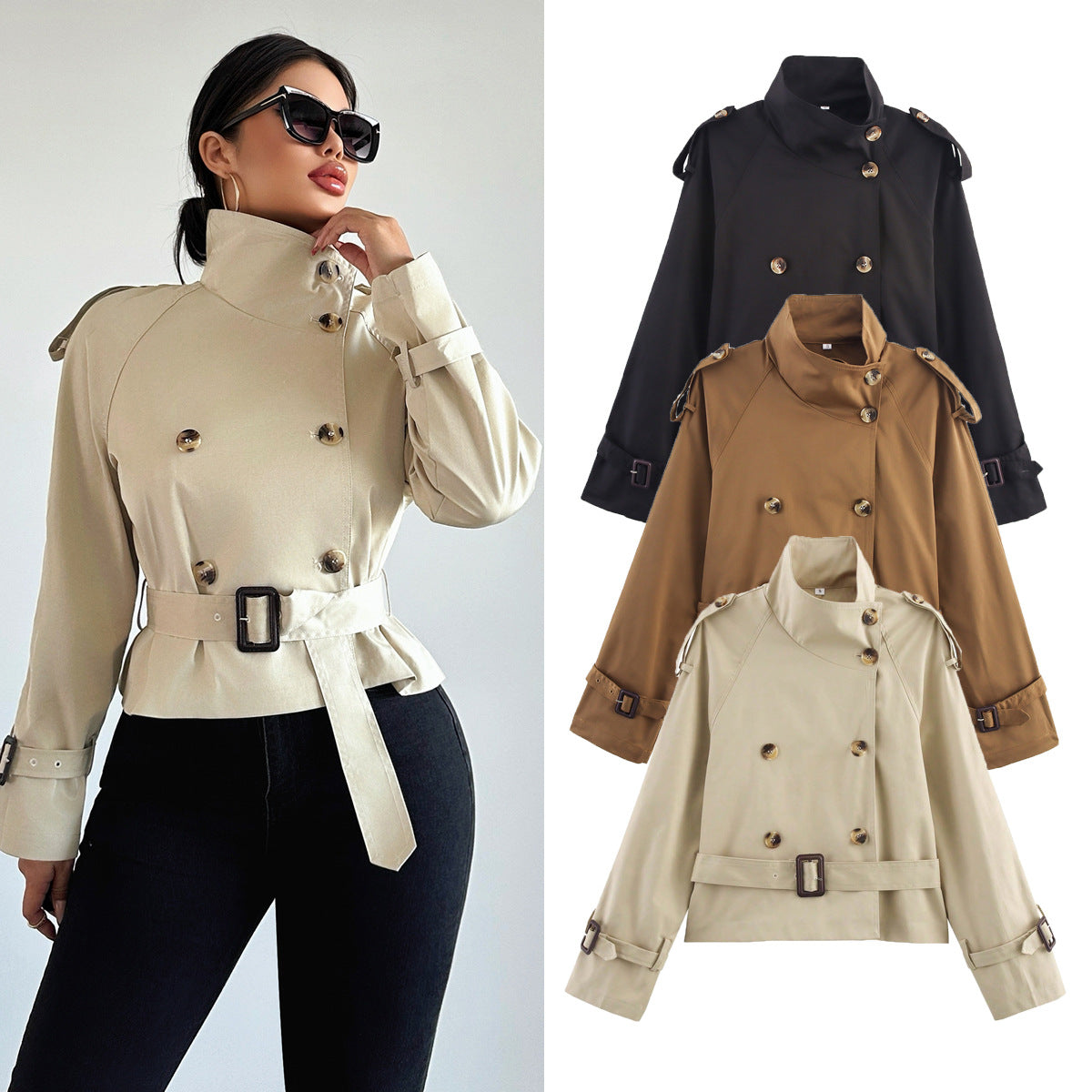 Notch-collar Short Trench Coat For Women With Belt Buckle Detailing 