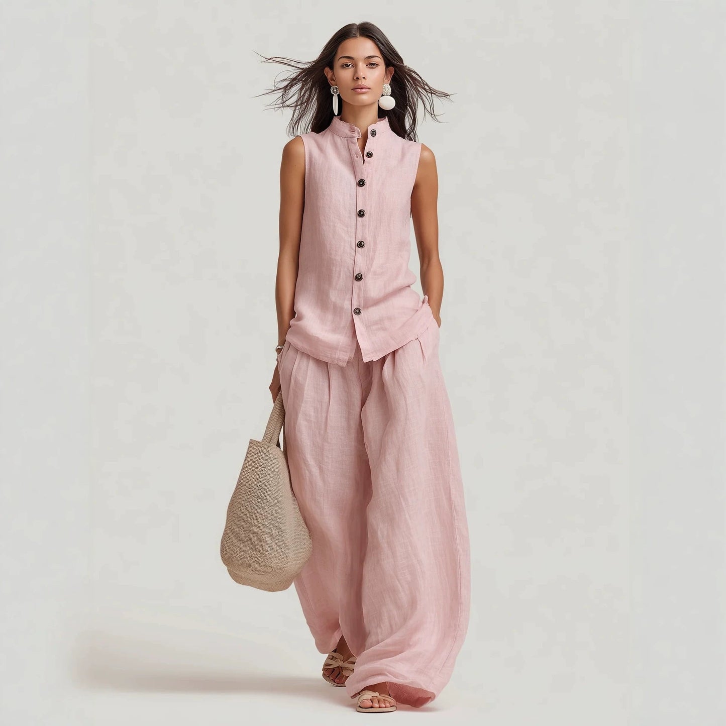 Stand-up Collar Sleeveless Shirt And High-waisted Wide-leg Pants Set 