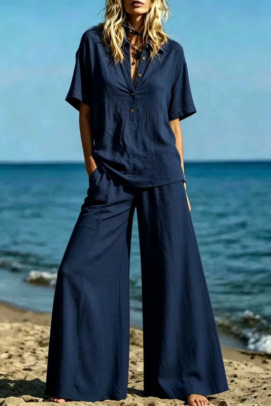 Button-down Shirt And Wide-leg Pants Two-piece Set For Women 