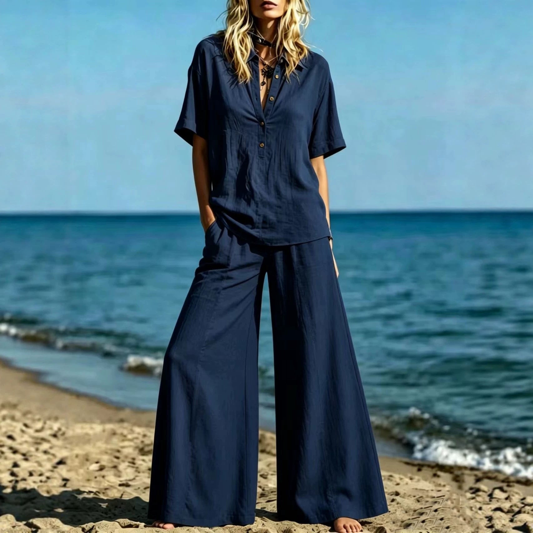 Button-down Shirt And Wide-leg Pants Two-piece Set For Women 