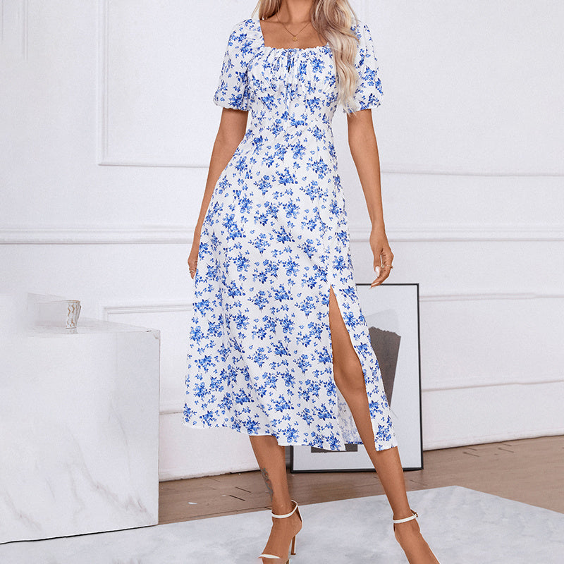 Square Neck Floral Print Dress With Puff Sleeves & Side Slit Maxi Dress CJ US