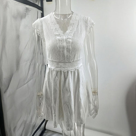 Women's V-Neck Solid Color Short Sleeve Dress With Lace Trim - Summer Sexy Vacation Dress CJ US