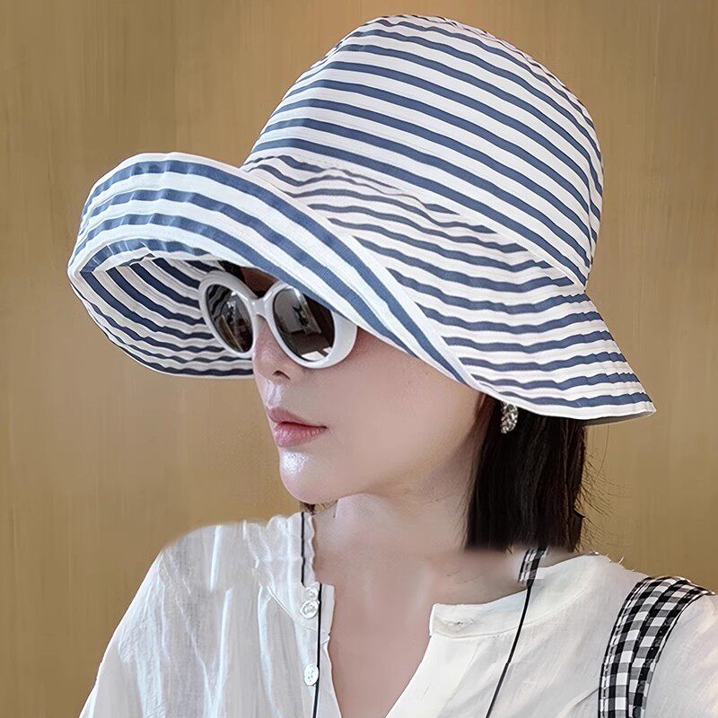Women's Wide-Brim Striped Sun Hat – UV Protection & Adjustable Fit 