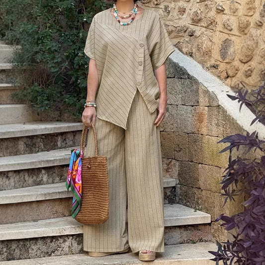 Striped Short-sleeve Shirt And Loose-fitting Pants Two-piece Set 