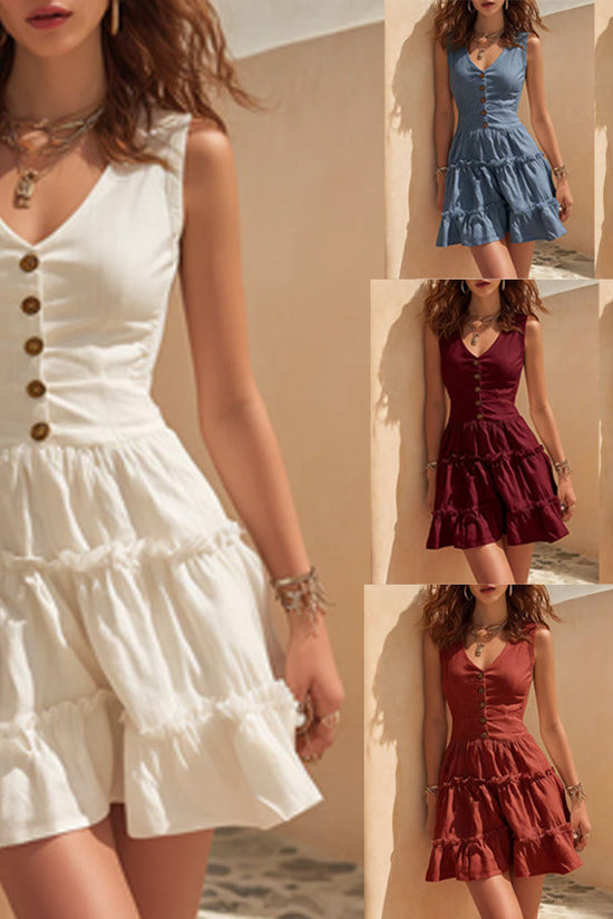 Sleeveless Linen Fashionable Casual Button-Up Dress 