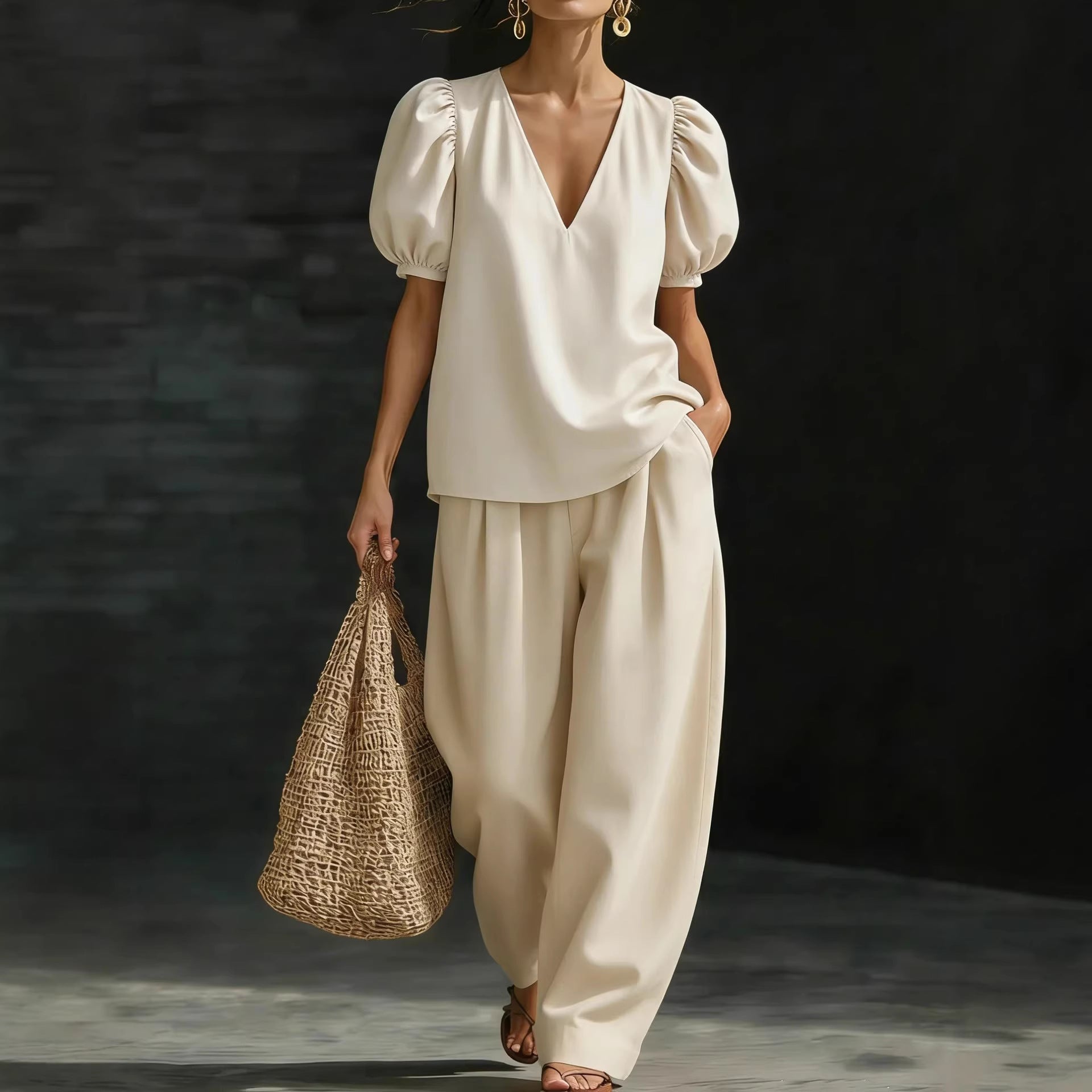 V-Neck Short-Sleeve Fashionable Casual Womens Set 