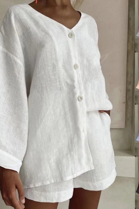 Fashionable Cotton-Linen Shirt And Shorts Casual Set 