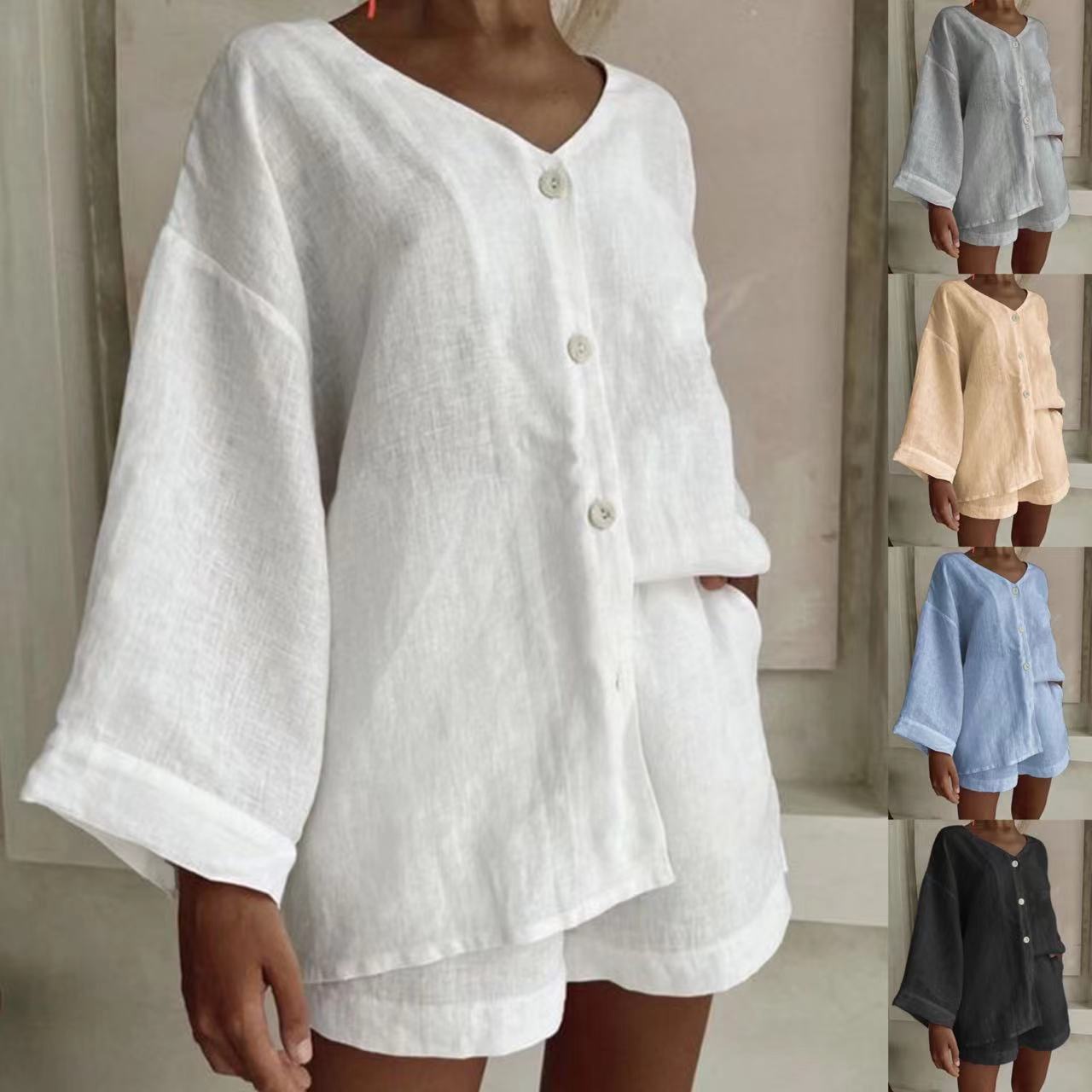 Fashionable Cotton-Linen Shirt And Shorts Casual Set 
