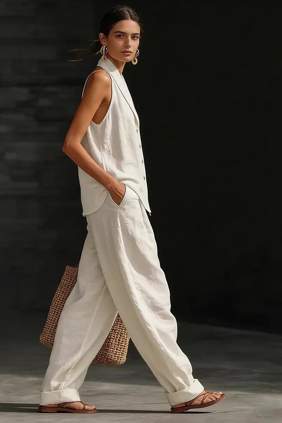 Wide-leg Pants Suit Womens Cotton-linen Fashionable Two-piece Set 
