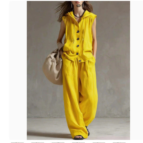 Sleeveless Loose Casual Hooded Top High-Waist Wide-Leg Pants Set 