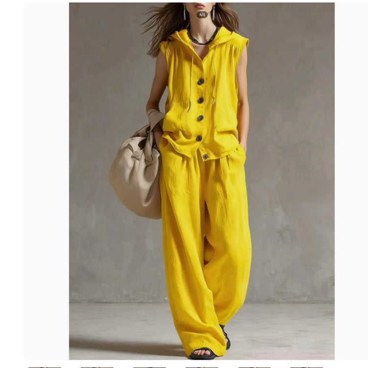 Sleeveless Loose Casual Hooded Top High-Waist Wide-Leg Pants Set 