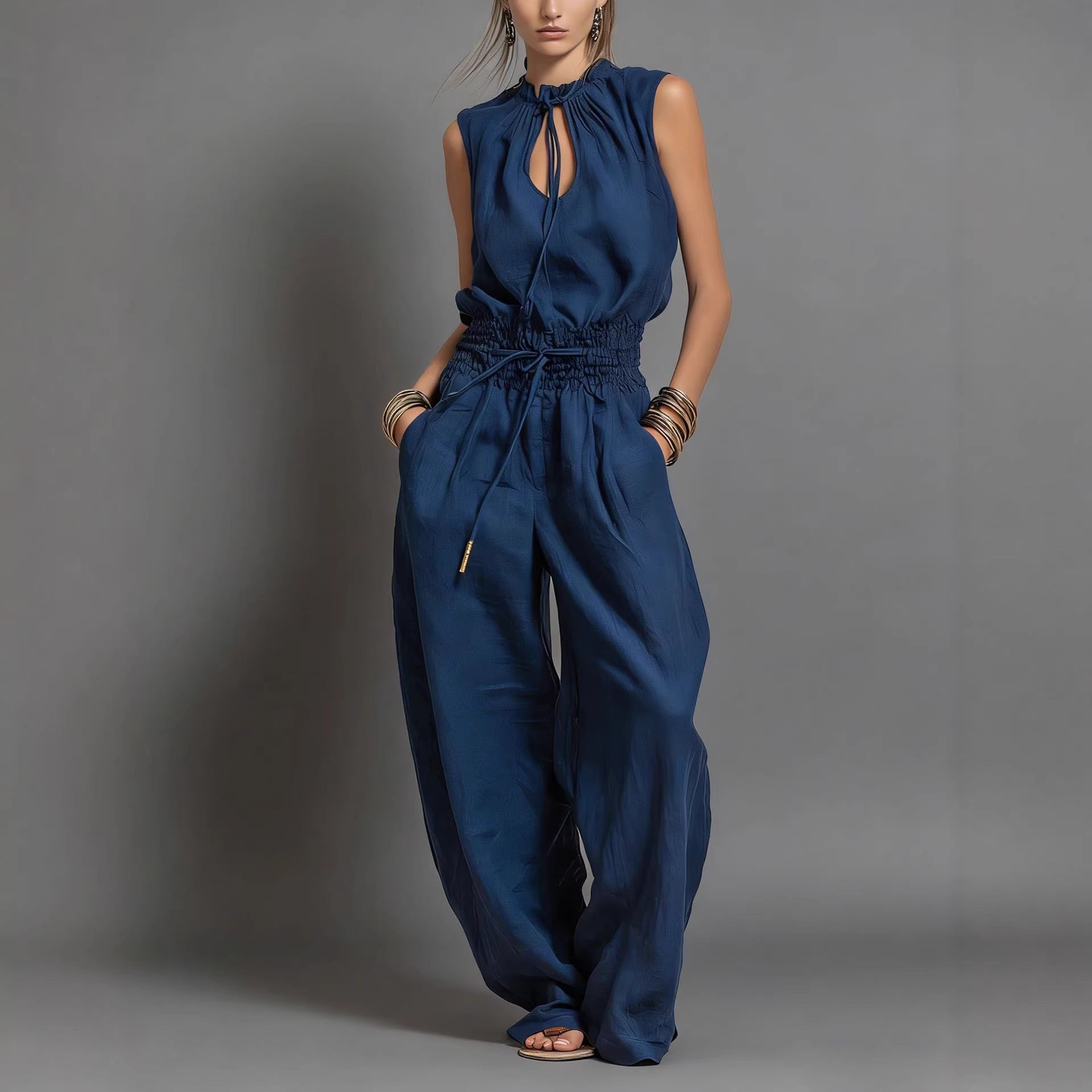 Personalized Street-style Loose-fitting Sleeveless Waist-cinching Wide-leg Jumpsuit 