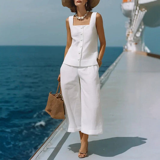 Classic Cotton-linen Square-neck Top And Capri Pants Set 