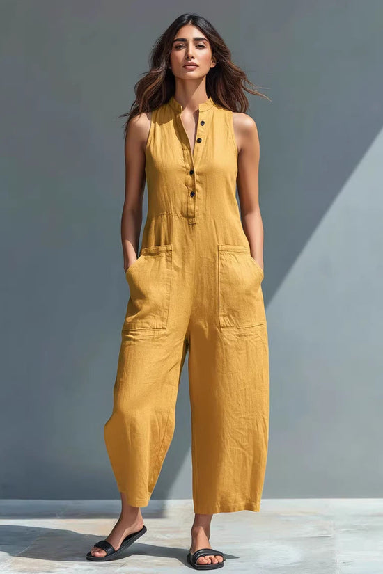 Casual Womens Buttoned Stand Collar Sleeveless Loose Jumpsuit 