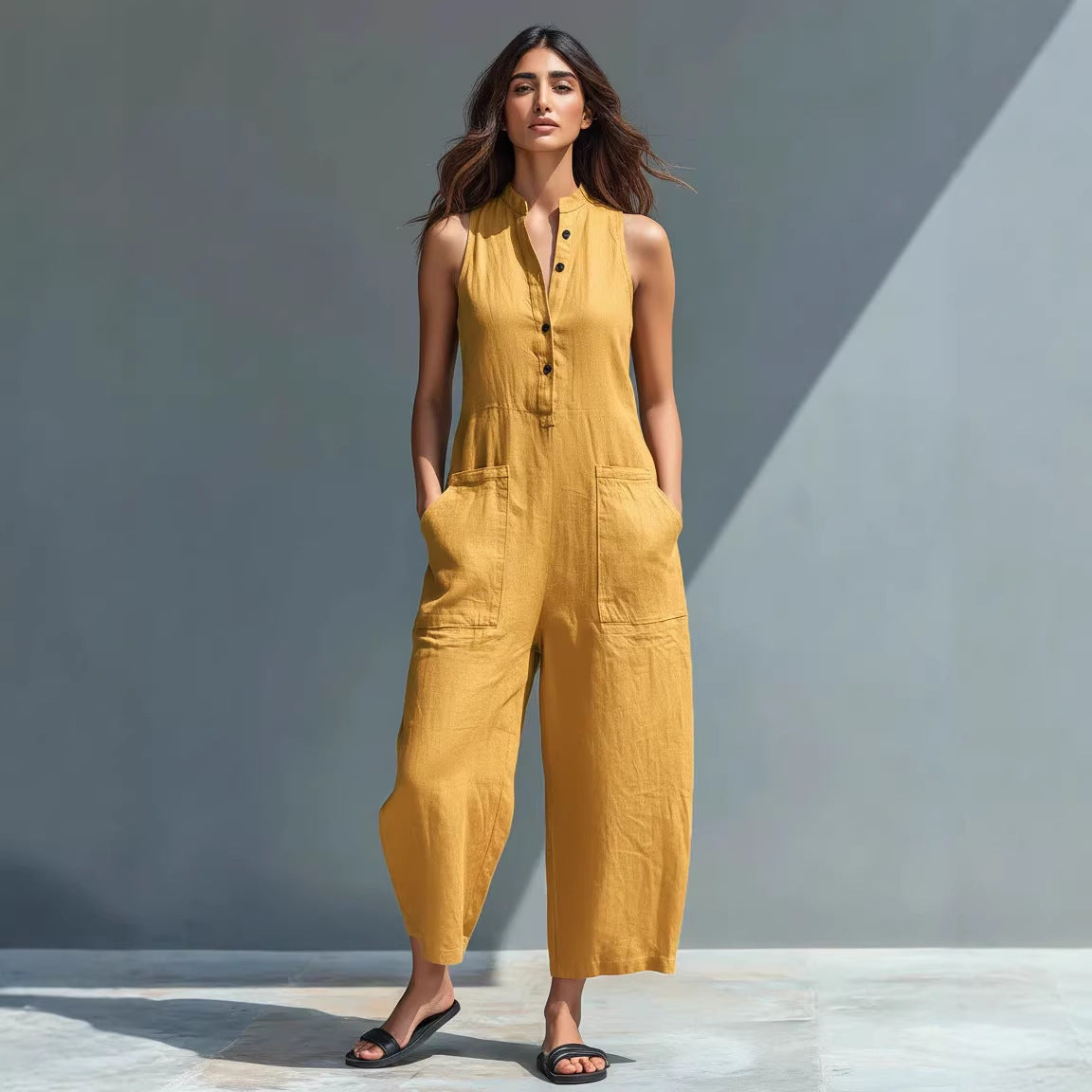 Casual Womens Buttoned Stand Collar Sleeveless Loose Jumpsuit 