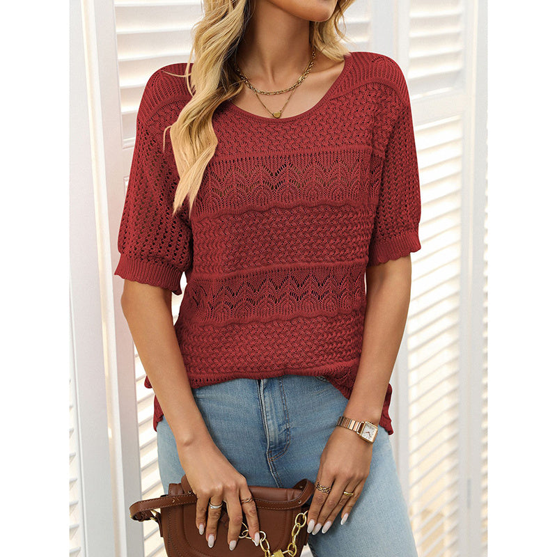 Women's Short Sleeve Sweater Tops Casual Crew Neck Crochet Knit Trendy Hollow Out Blouse T Shirts CJ US