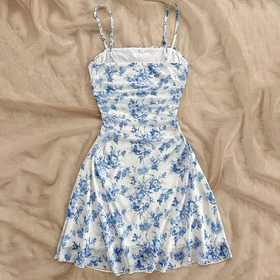 Boho Floral Spaghetti Strap Mini Dress – Ruched Ruffle Hem Vacation Sundress CJ