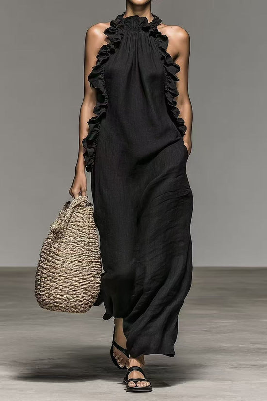 Summer Halter Neck Ruffled Sleeveless Dress, Loose Fit Flowy Dress With Pockets 