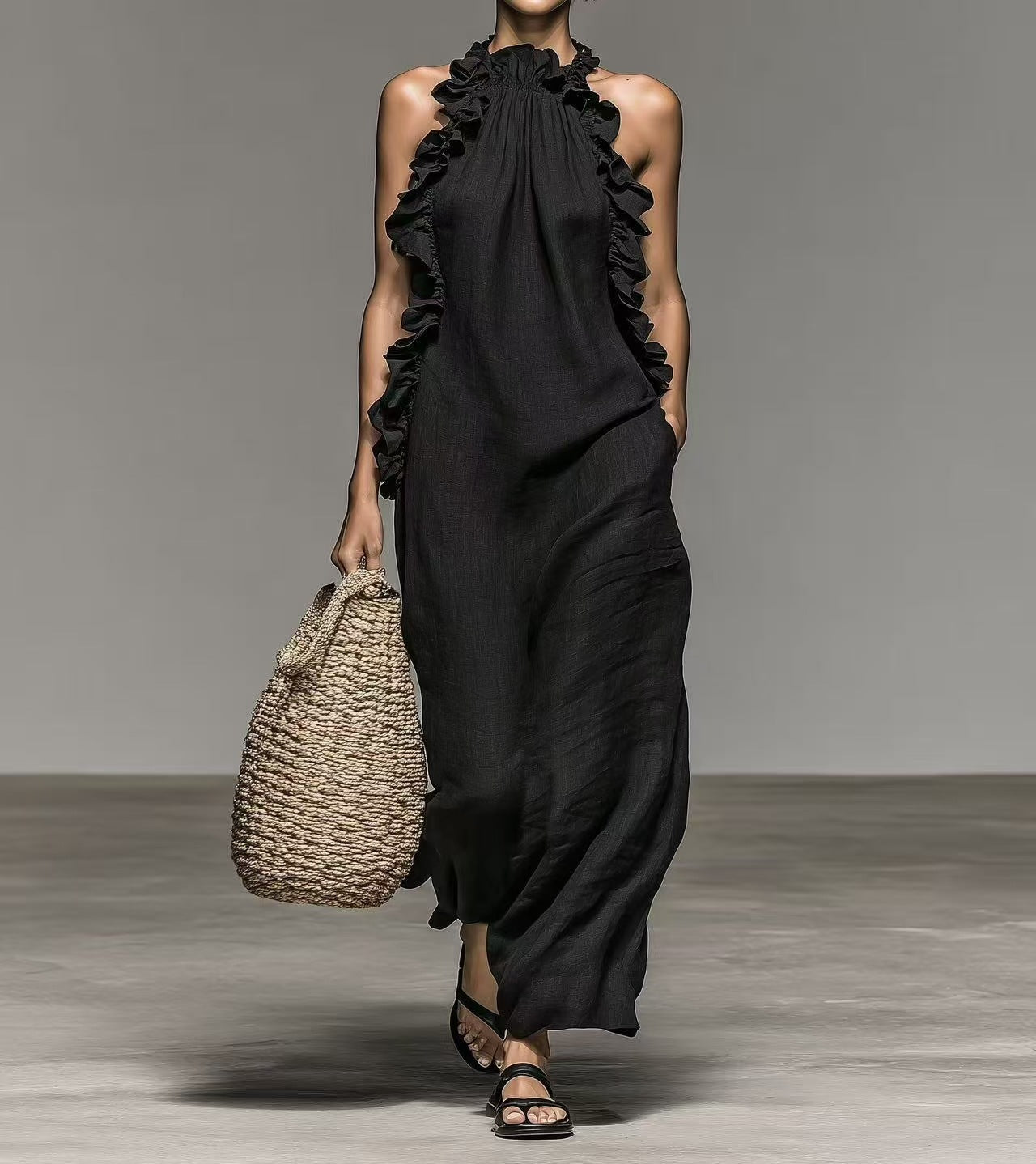 Summer Halter Neck Ruffled Sleeveless Dress, Loose Fit Flowy Dress With Pockets 