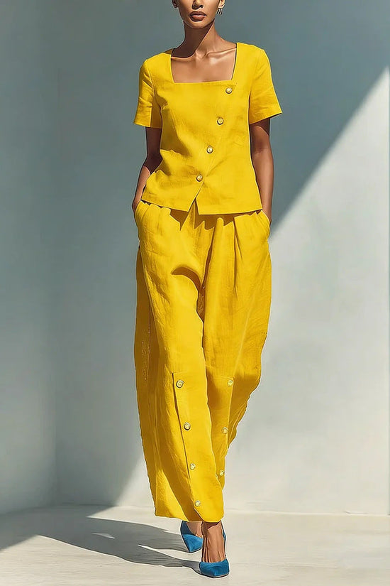 Womens Loose Short-Sleeve Top And High-Waist Pants Two-Piece Set 