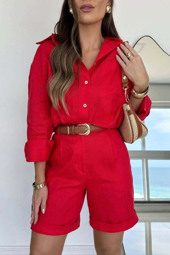 Casual Long-Sleeve Shirt And Shorts Womens Set 