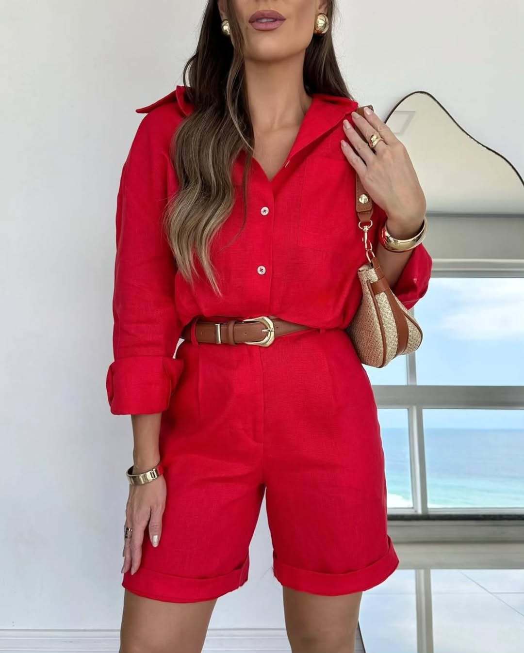 Casual Long-Sleeve Shirt And Shorts Womens Set 