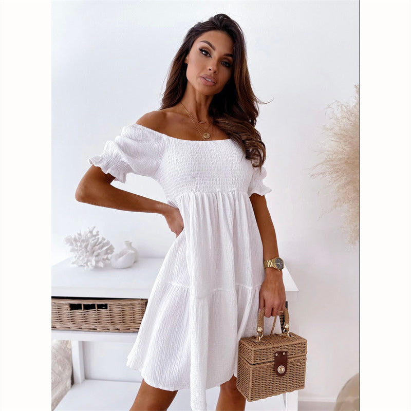 Casual One Word Collar Wrinkle Puff Sleeve Mid Dresses 