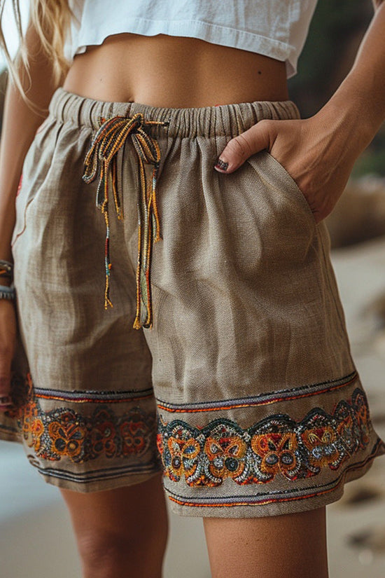 Retro Ethnic-style Casual Drawstring Loose Shorts Pull 