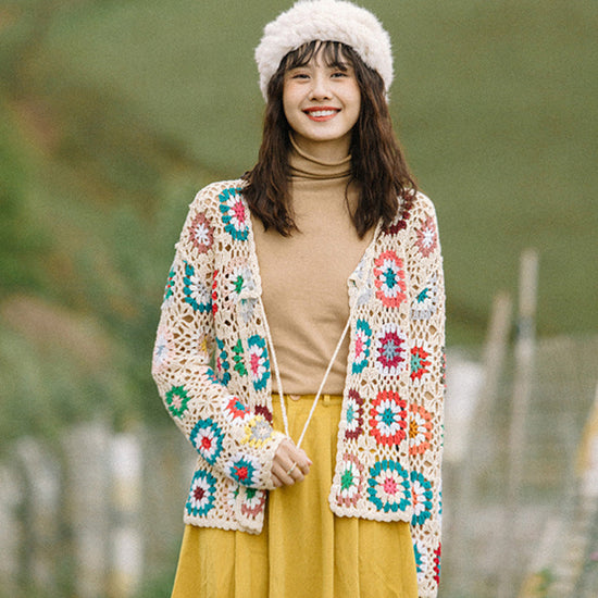 Women’s Hollow Hand Crochet Cardigan – Elegant Open Front Sweater CJ