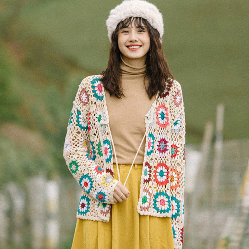 Women’s Hollow Hand Crochet Cardigan – Elegant Open Front Sweater CJ