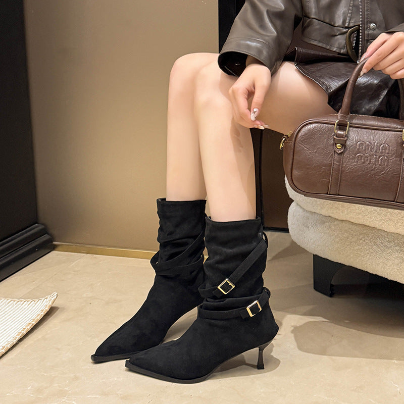 Fashionable And Versatile Pointed Toe Stiletto Heel Suede French Slim Ankle Boots 