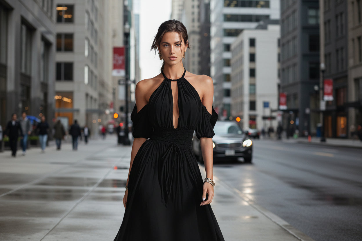 Womens Solid-Colored Halter Maxi Dress 