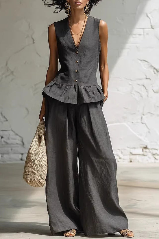 Retro Bohemian Style Ruffled Cotton-Linen Two-Piece Set 