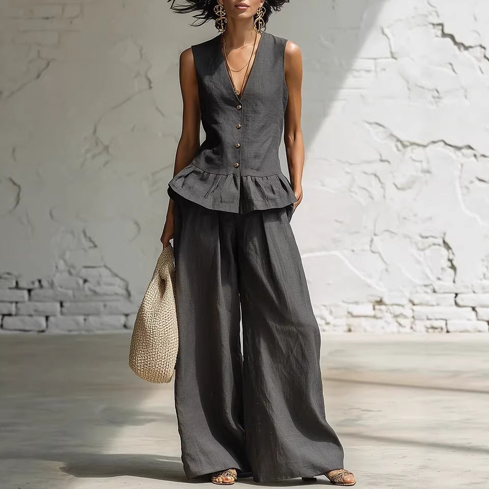 Retro Bohemian Style Ruffled Cotton-Linen Two-Piece Set 