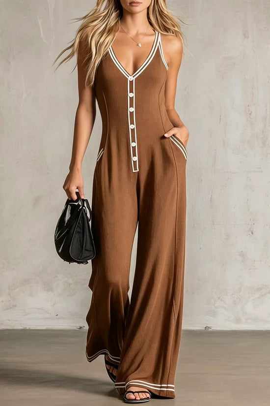 Womens V-Neck Casual Loose Backless Wide-Leg Jumpsuit 
