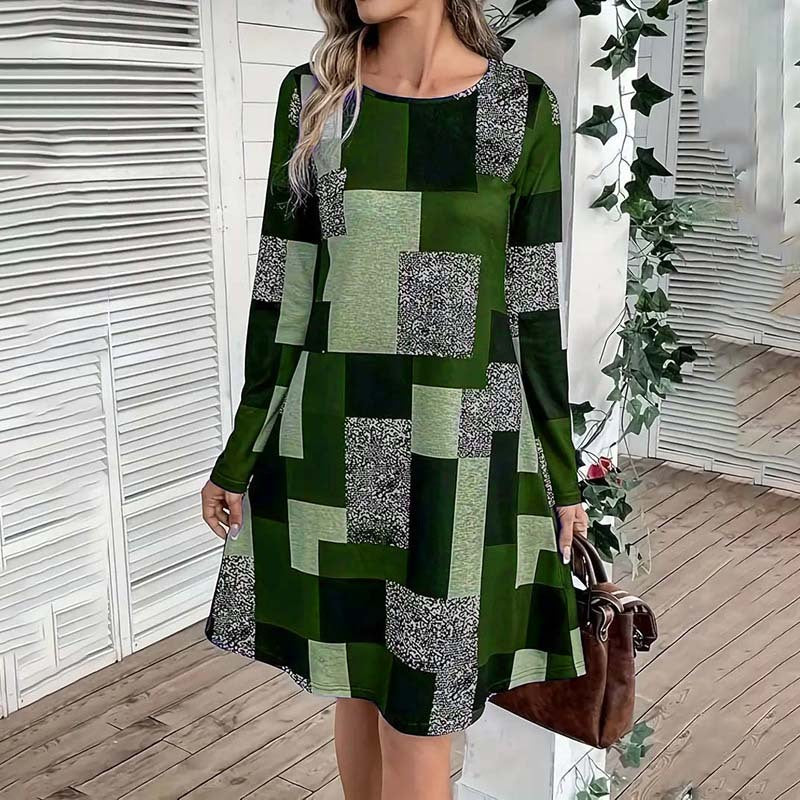Women's Round Neck Long Sleeve Dress - Digital Print Casual Elegant Spring & Fall Dress CJ US
