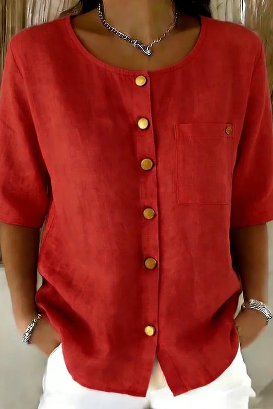 Womens Crew-Neck Shirt With Metal Buttons And Three-Quarter Sleeves 