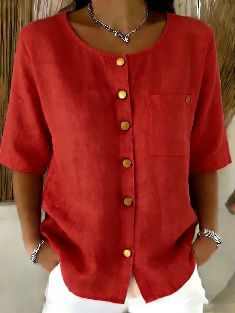 Womens Crew-Neck Shirt With Metal Buttons And Three-Quarter Sleeves 