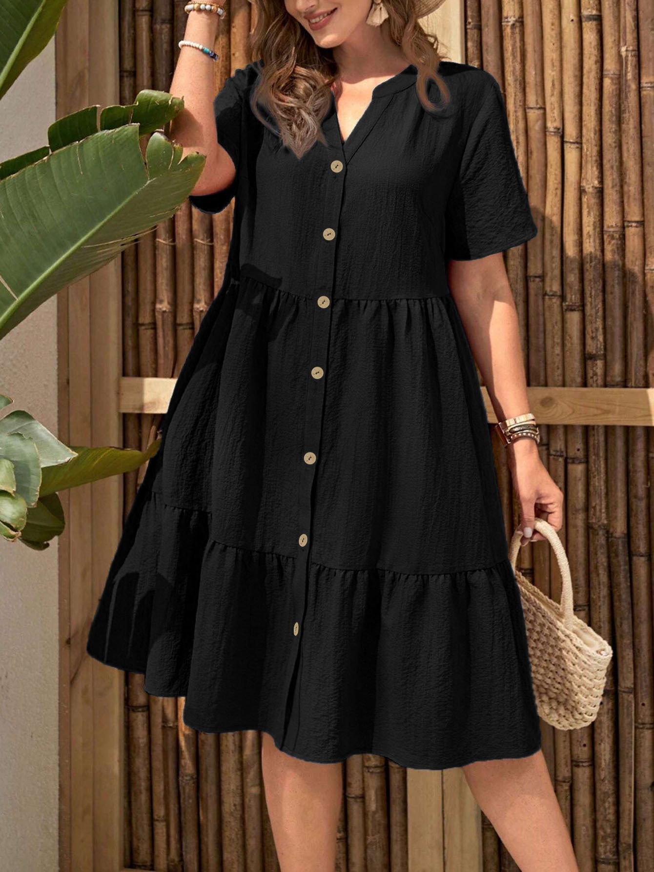 Plus-Size Button-Front V‑Neck Midi Dress CJ US