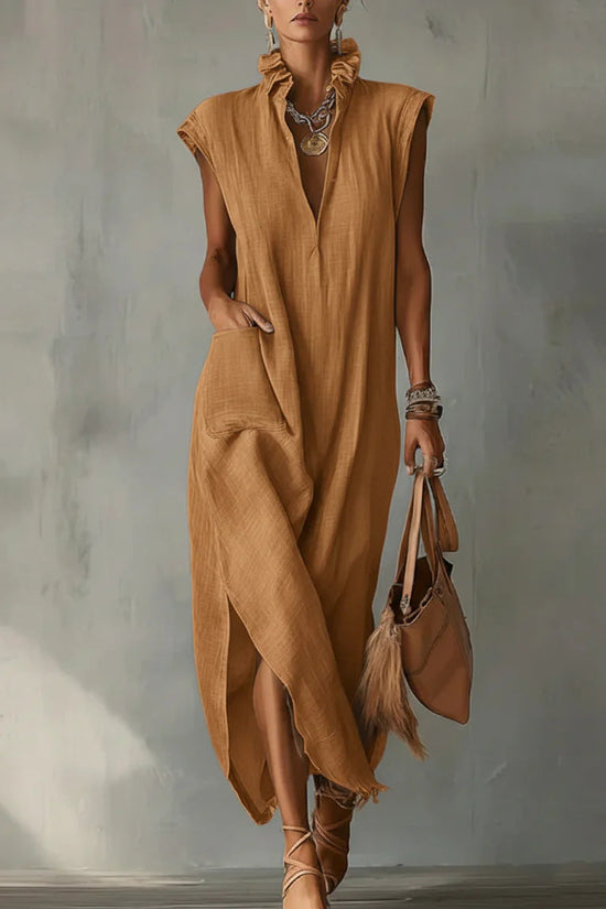 Women's Cotton-Linen Sleeveless Solid-Color Dress 