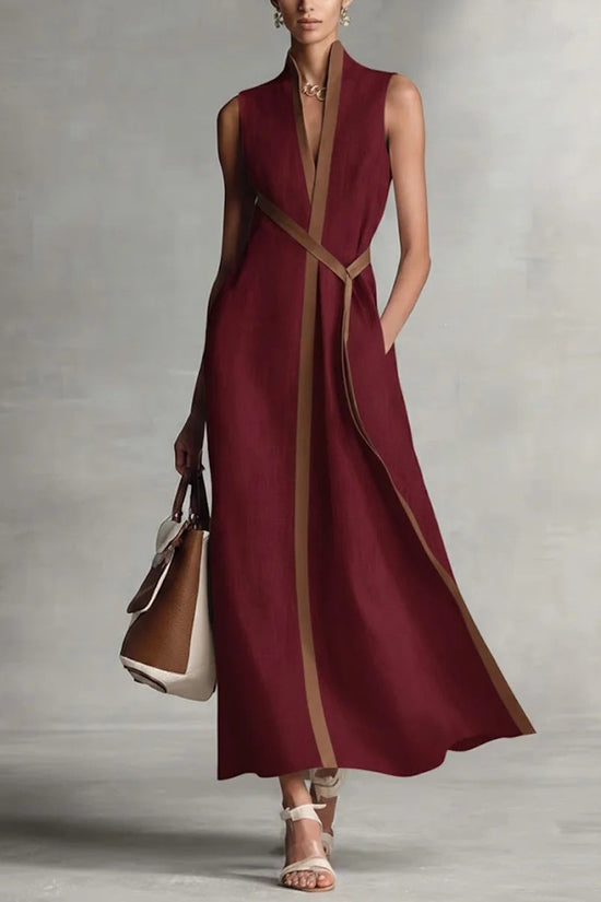 Color Block Sleeveless Stand Collar Linen Blend Dress 