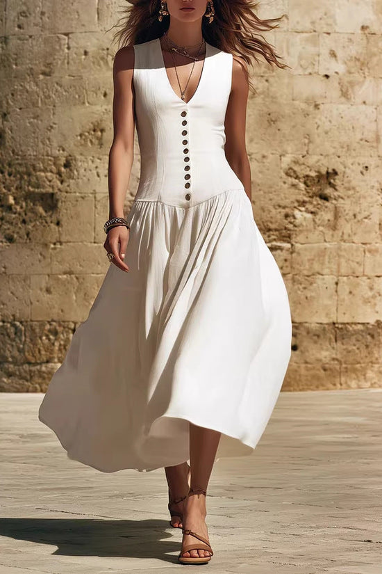 V-Neck Buttoned Chic Elegant Sleeveless Cotton-Linen Dress 
