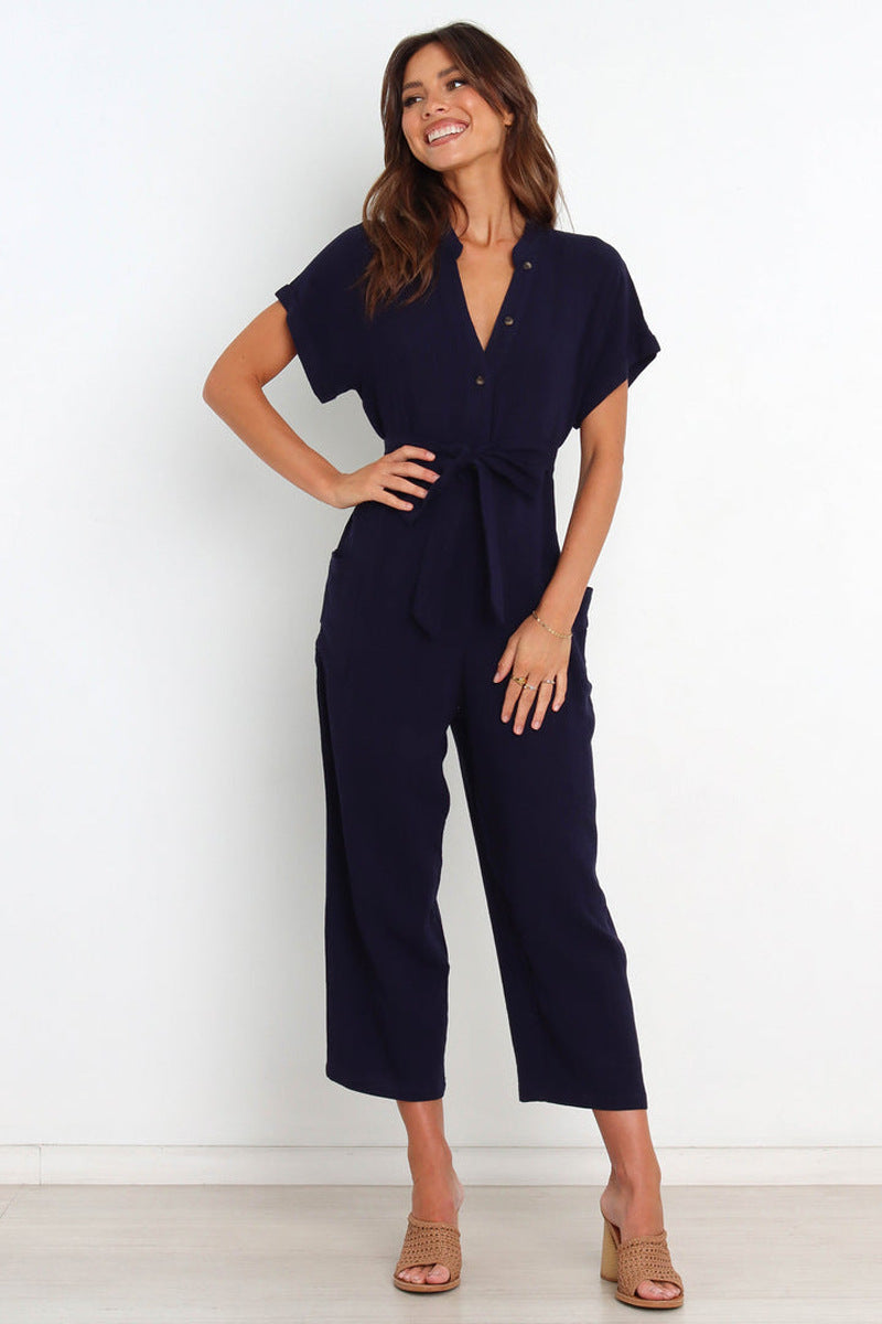 V-neck Cropped Wide-leg Jumpsuit For Women 