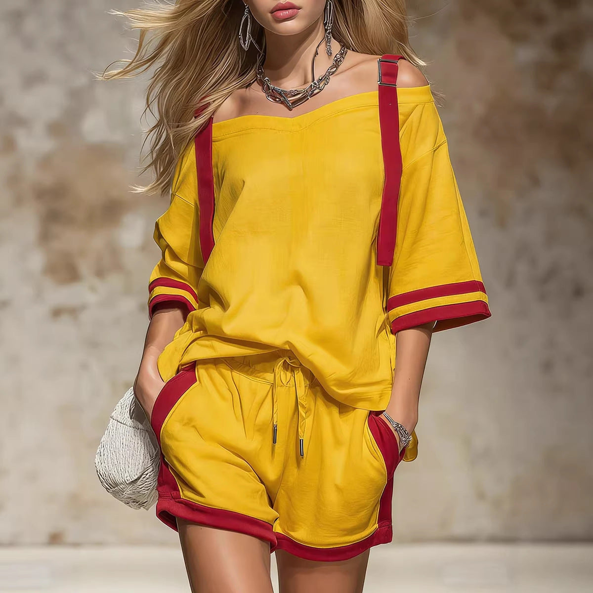 Summer Contrast-Colored Women's Patchwork Casual Shorts Set 