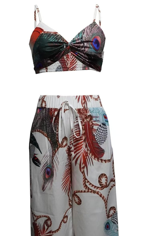 Women’s Feather Print Vacation Pants Set CJ US