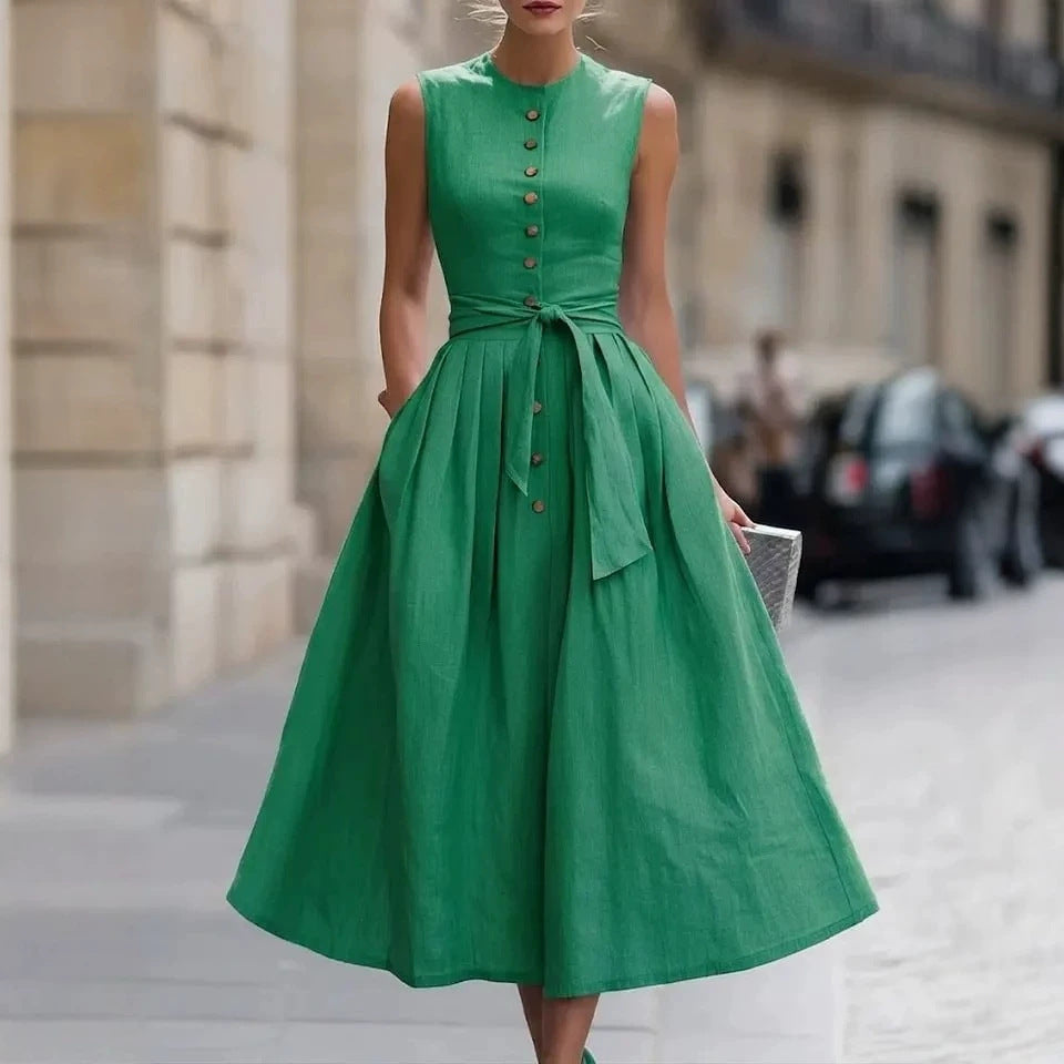 Fitted-waist, Sleeveless Cotton-linen Solid-color Maxi Dress 