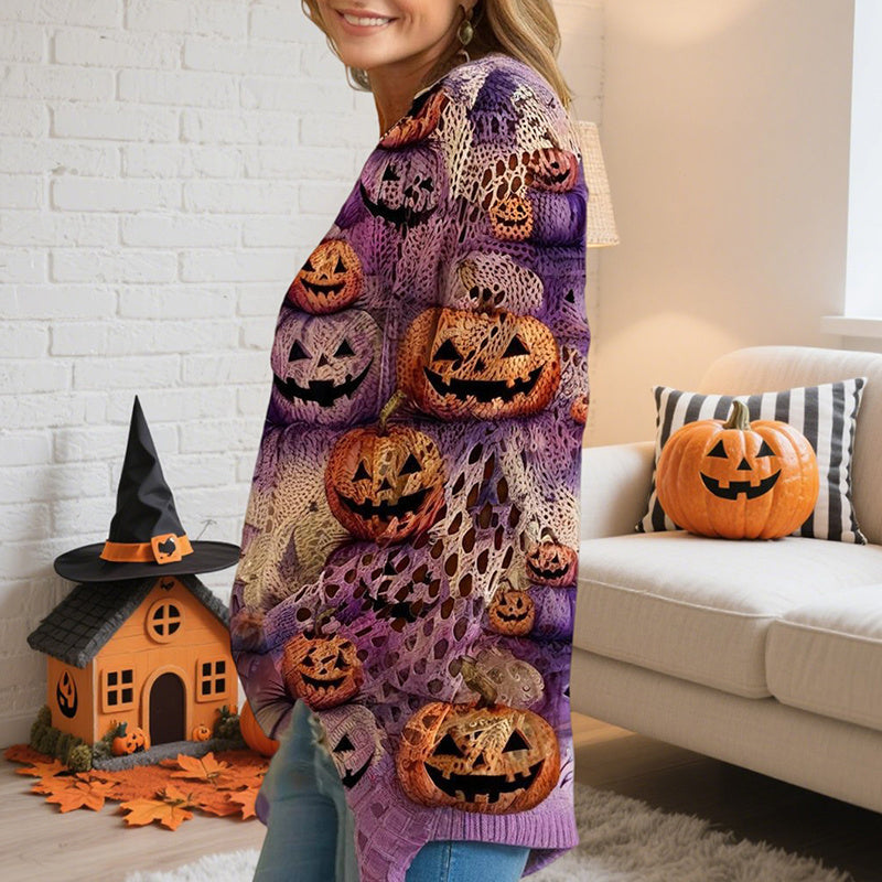 Women's Diamond Hollow Out Batwing Sleeve Top - Loose Fit Pumpkin Halloween Print Blouse For Spring Summer CJ US