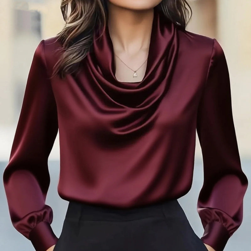 Women's Elegant Draped Neck Blouse, Solid Color Ruffle Detail Long Sleeve Shirt For Office And Formal Wear CJ US